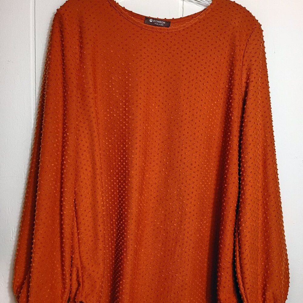 Bombom Rust Orange Swiss Dot Long Puff Sleeve Tunic Top Womens M Fall USA